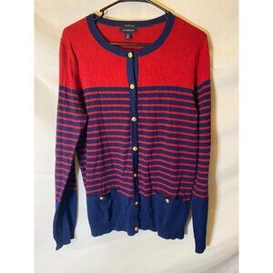 Lands End womens Size medium 10/12 cardigan Sweater button up red navy Preppy